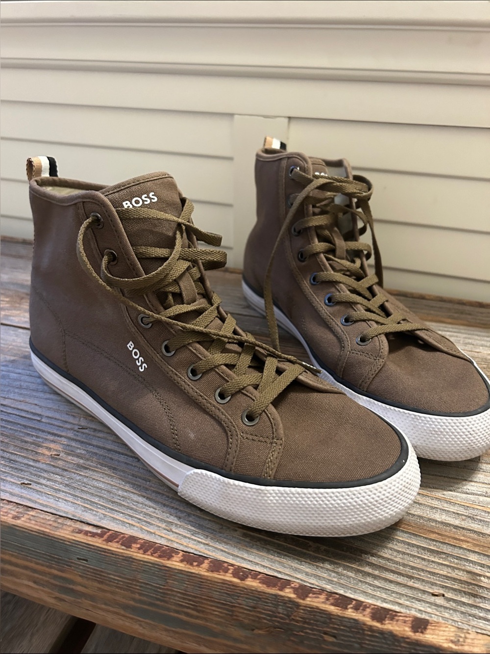 BOSS Men's High-Top Canvas Sneakers in Olive Brown
